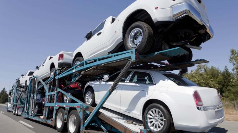 Car transport truck rear view on the road